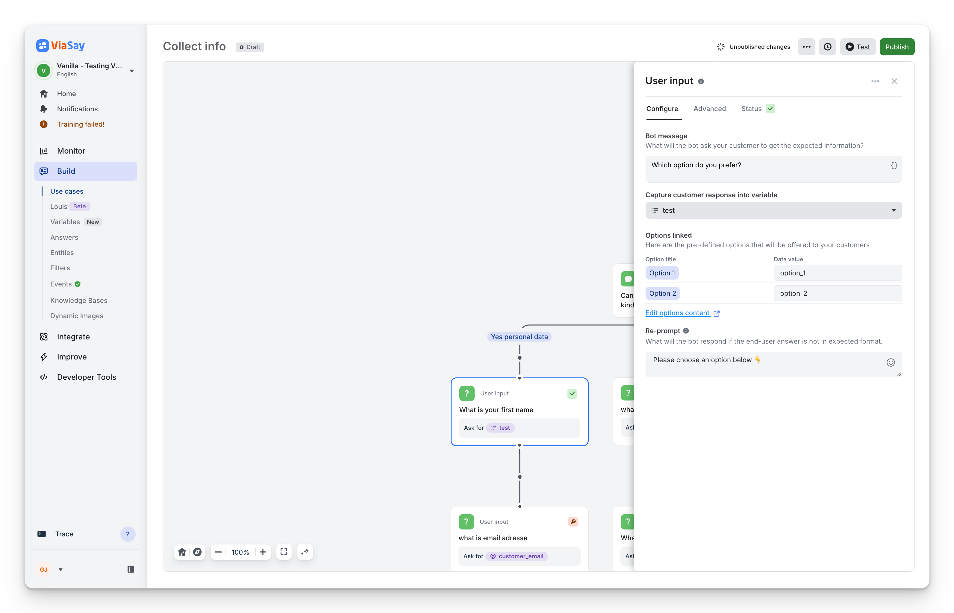 Configure the options to be selected