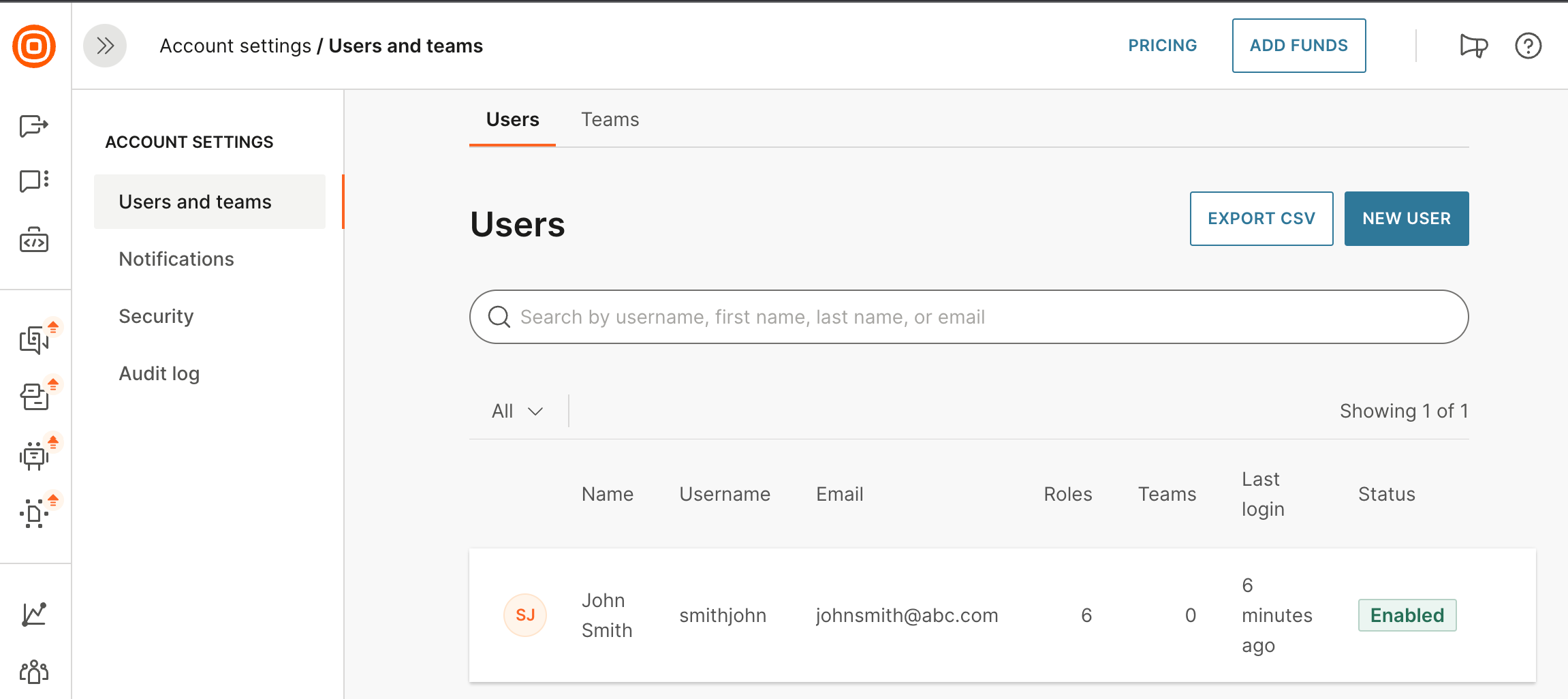 The New User screen on the Infobip dashboard to create a new user 