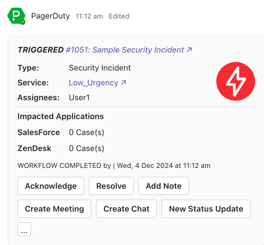 A screenshot of the Microsoft Teams UI showing a PagerDuty incident's card