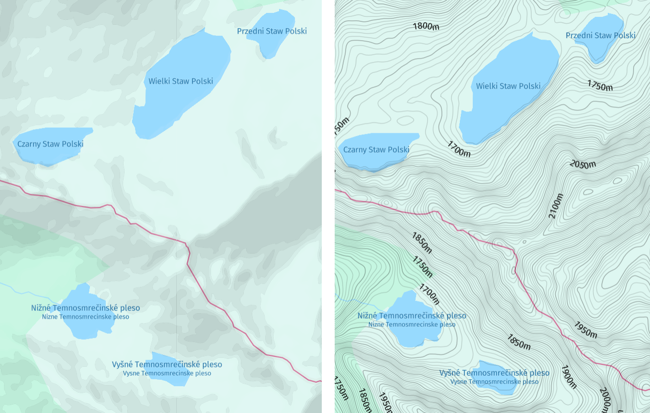 Comparison of maps without and with contours