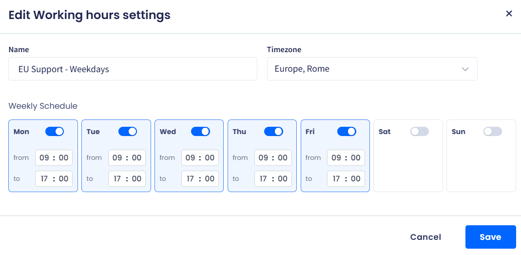Screenshot of the Edit Working Hours dialog