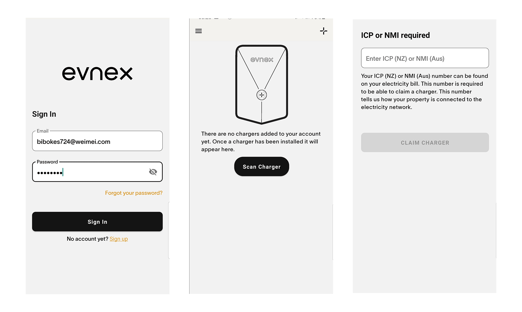 LEFT: Log in to your new Evnex account // CENTRE: Scan your charger one last time // RIGHT: Enter your ICP or NMI 