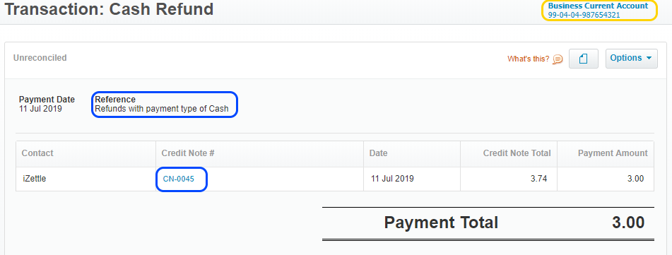 A cash refund in Xero that represents a cash refund to the **Payment** account configured for cash payments (click to expand).