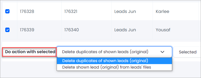 Screenshot of deleting duplicates of selected leads