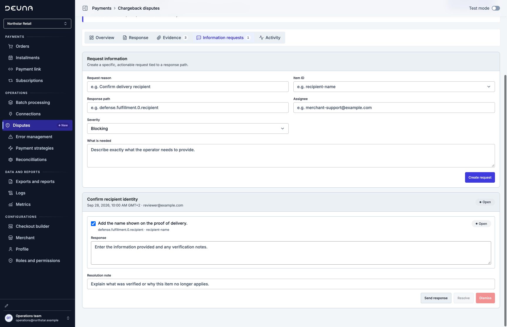 Information request tied to a response field and assignee