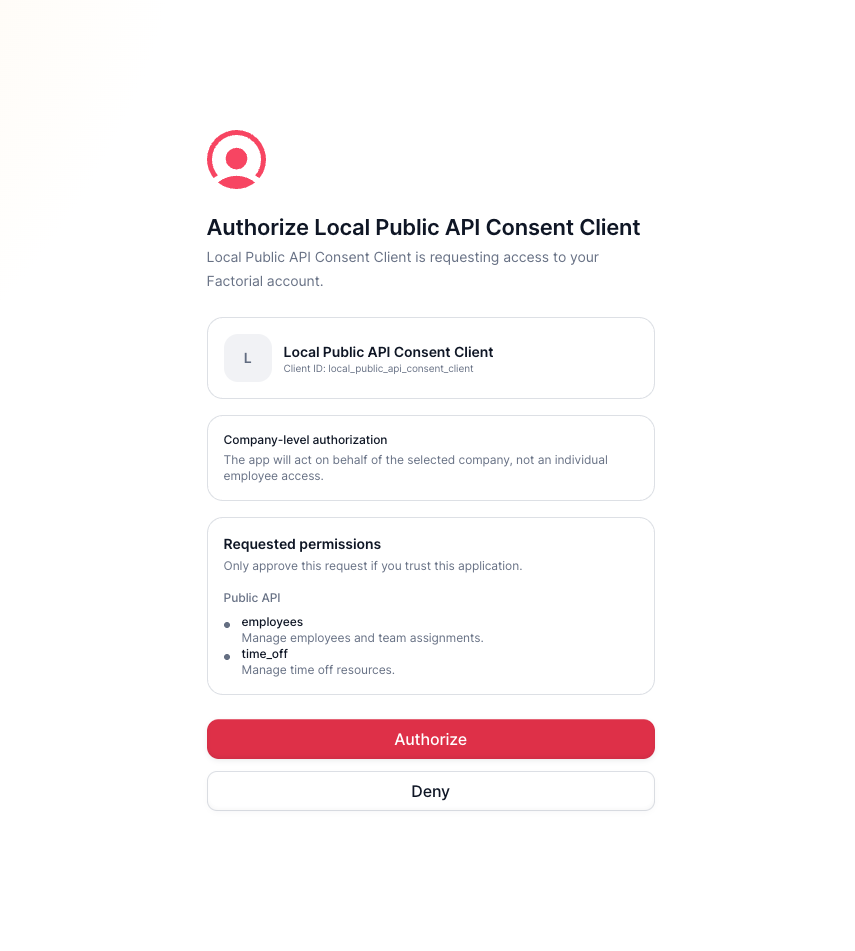 Factorial OAuth consent screen showing the requested application access