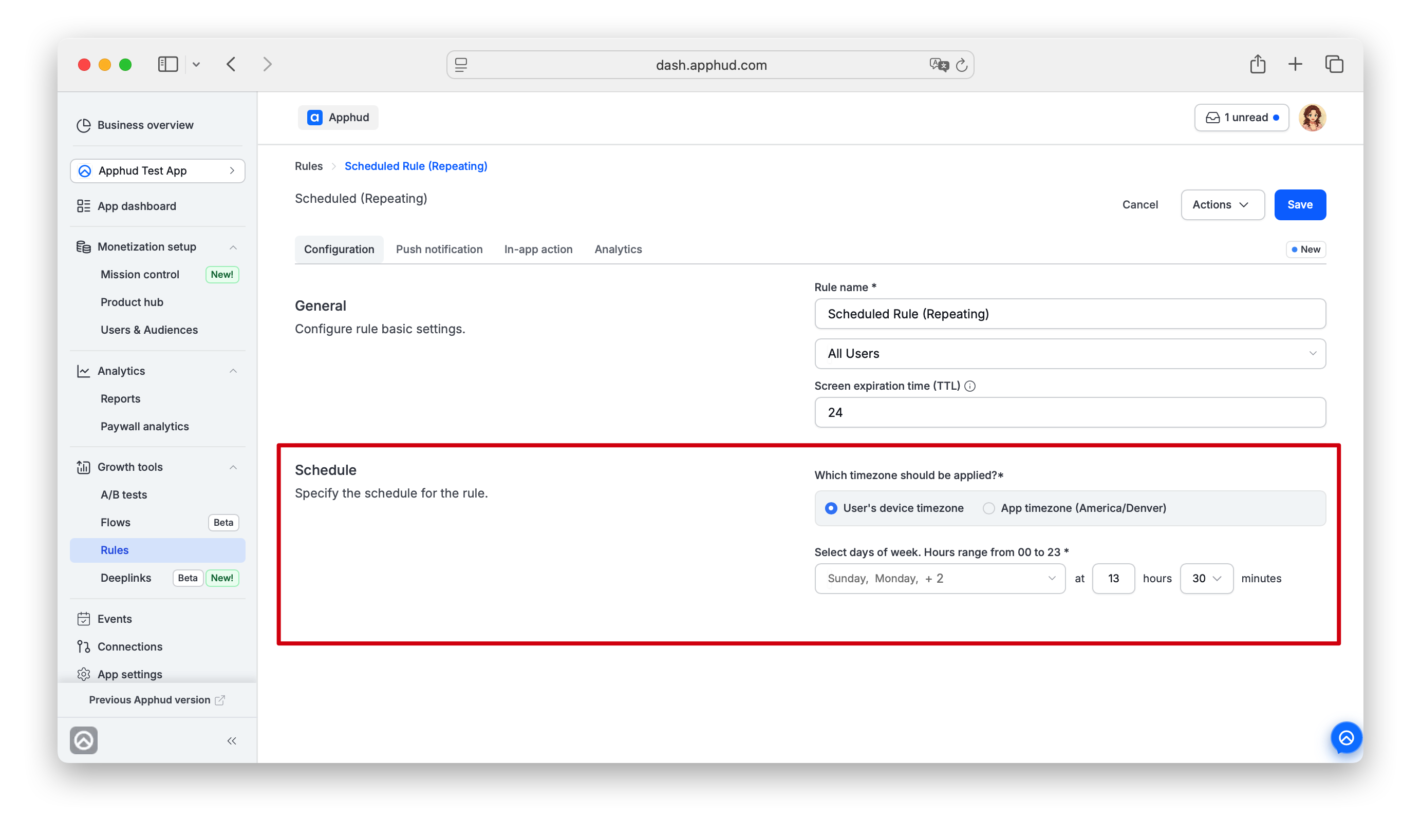 Apphud - Scheduled rule with schedule configuration page