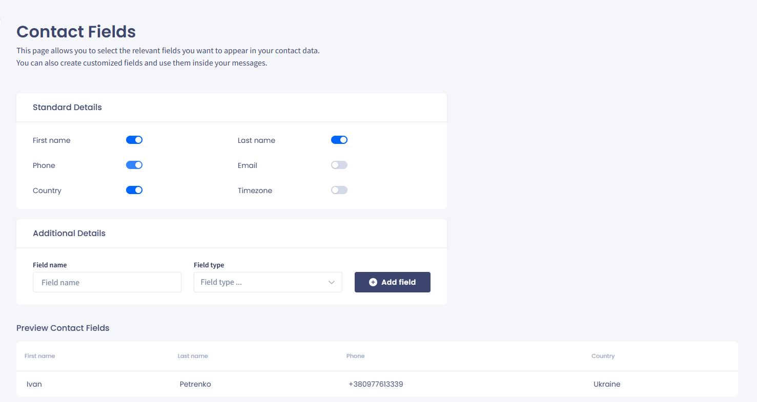 Screenshot of the Contact Fields menu tab