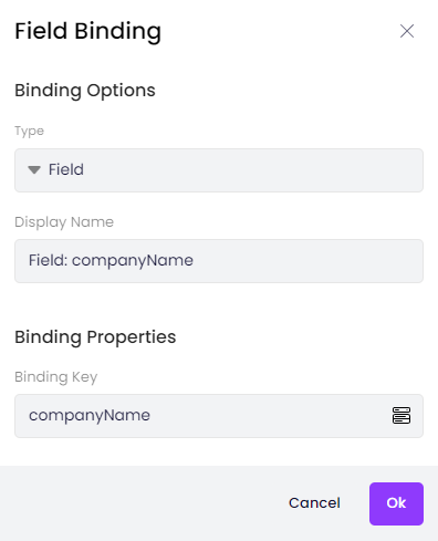 The dialog box for setting up the companyName binding.