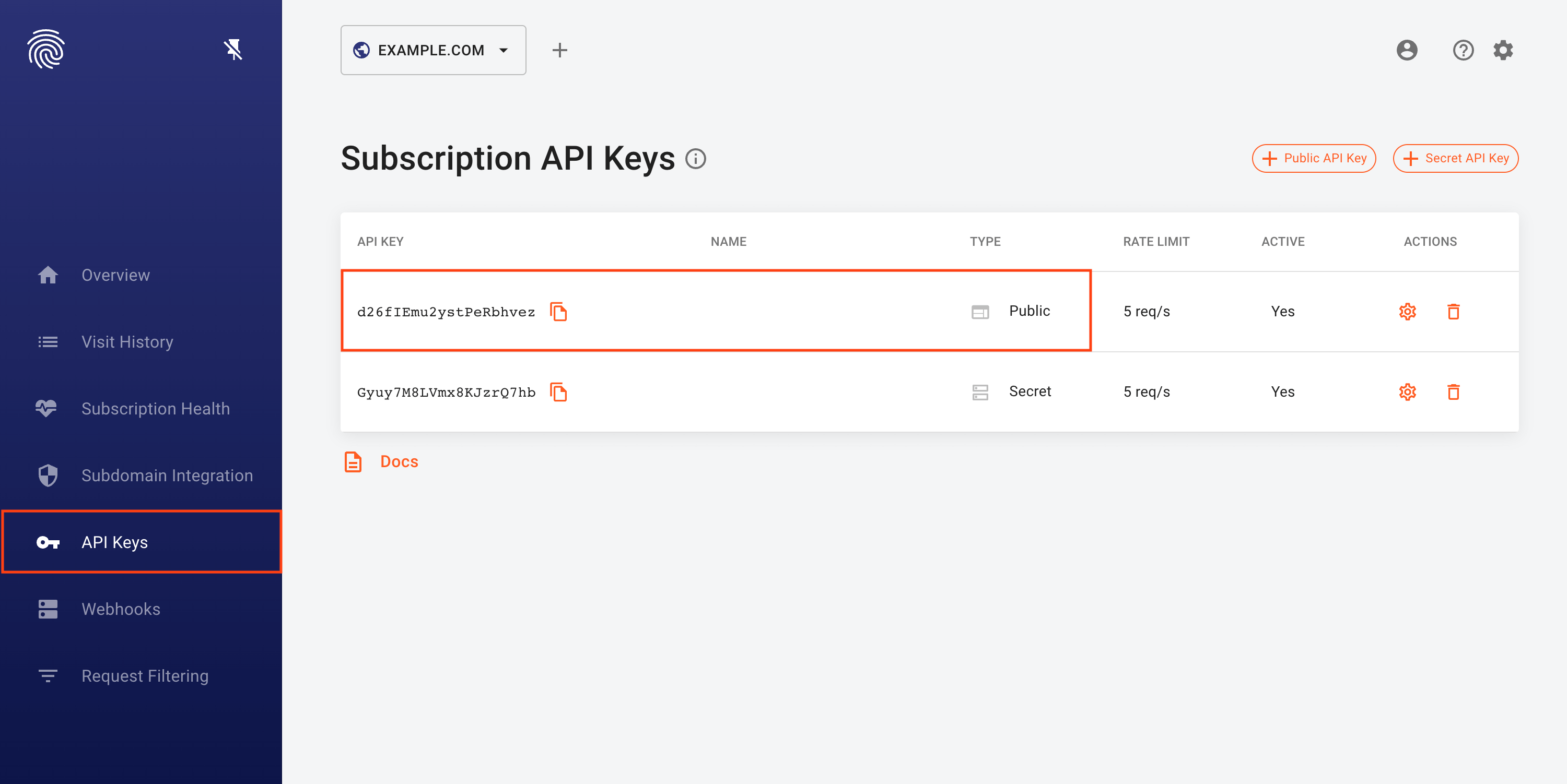 Screenshot of API keys in FingerprintJS dashboard