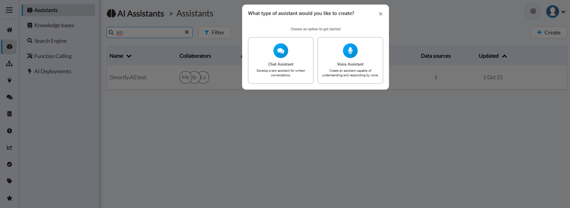 Modal showing assistant type selection