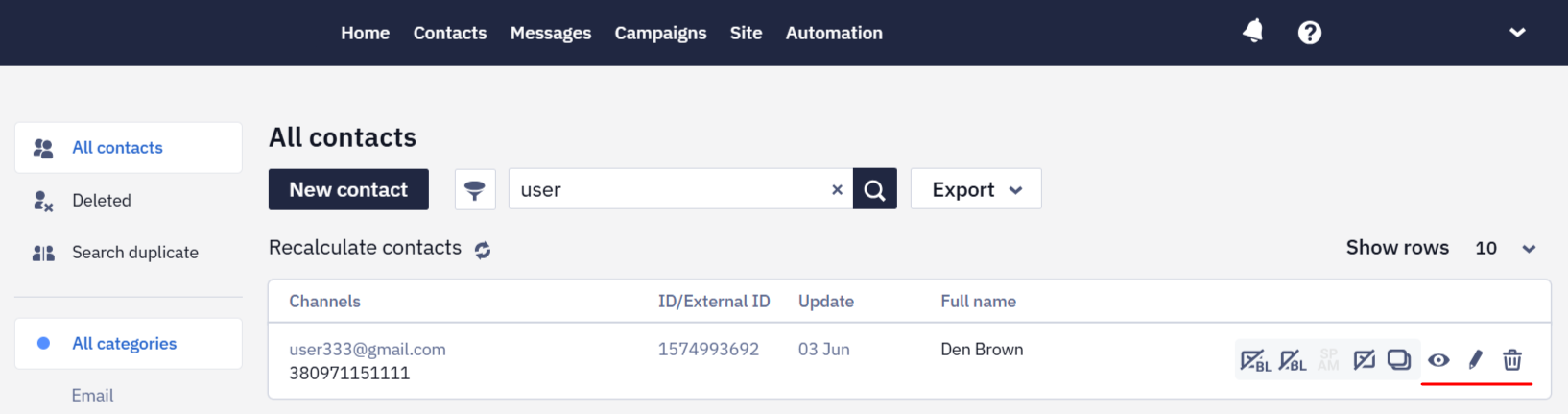 Contact management icons: preview, edit, and delete