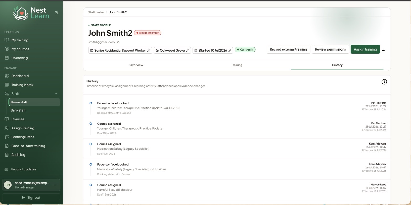 A staff profile on the History tab, showing the change timeline