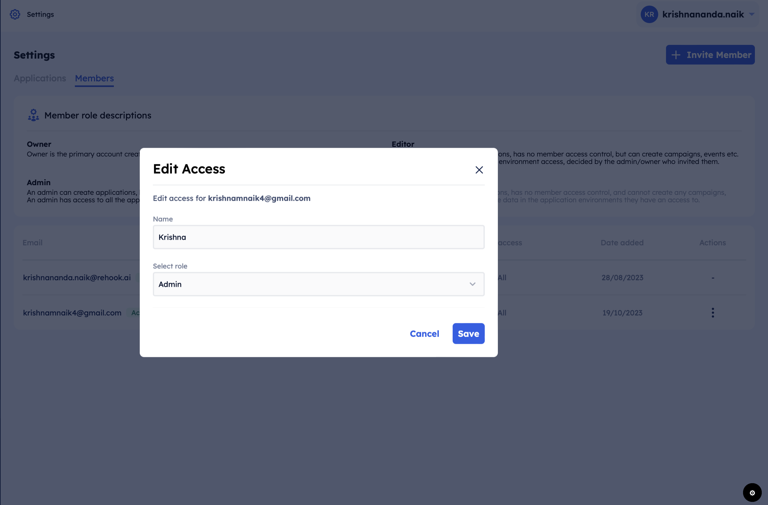 Edit access modal