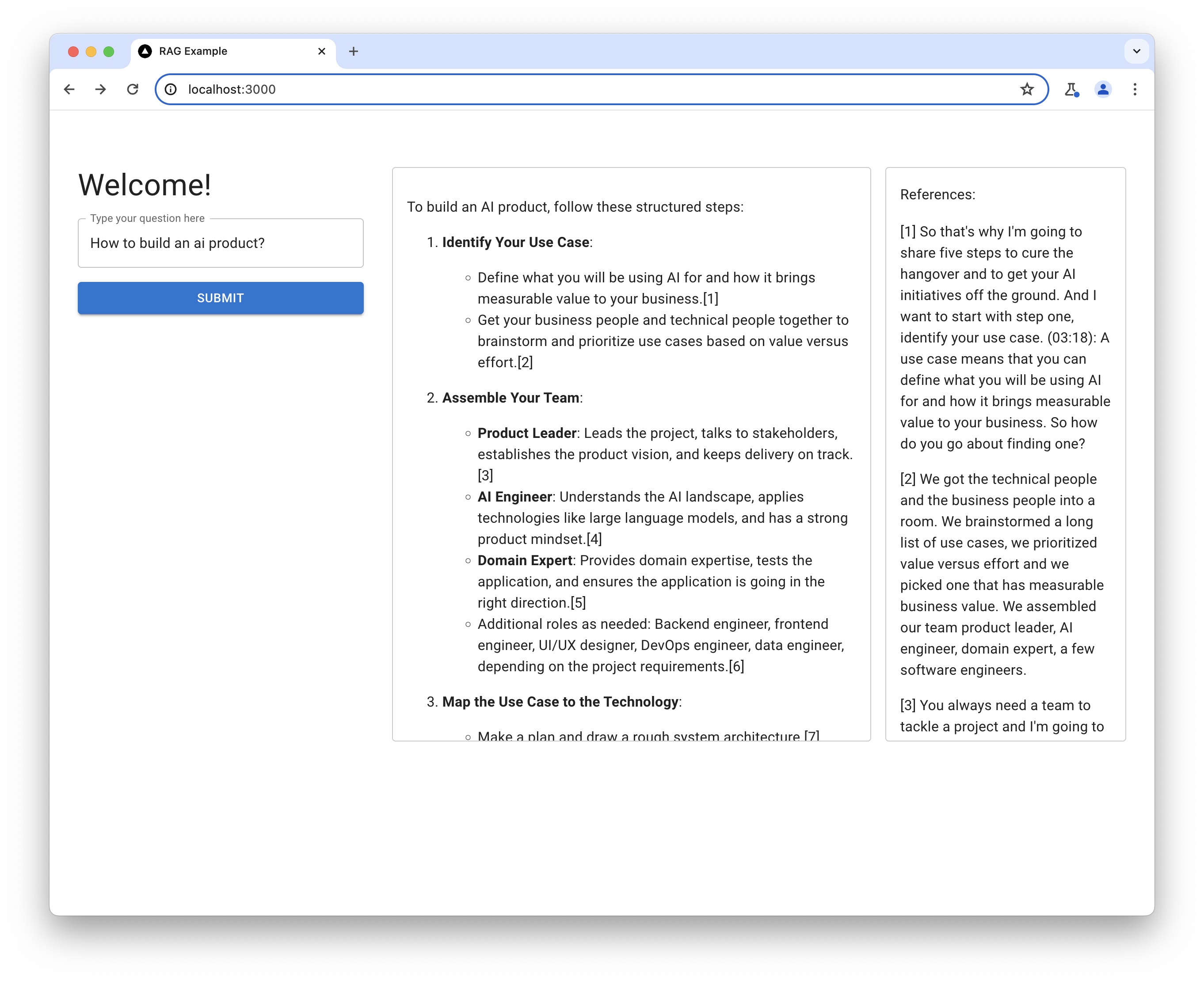 A search page with a search field and two boxes next to it - one for answers and one for references.