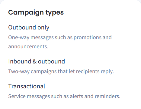 Screenshot of the Campaign types and Resources panels on the Messaging Campaigns page
