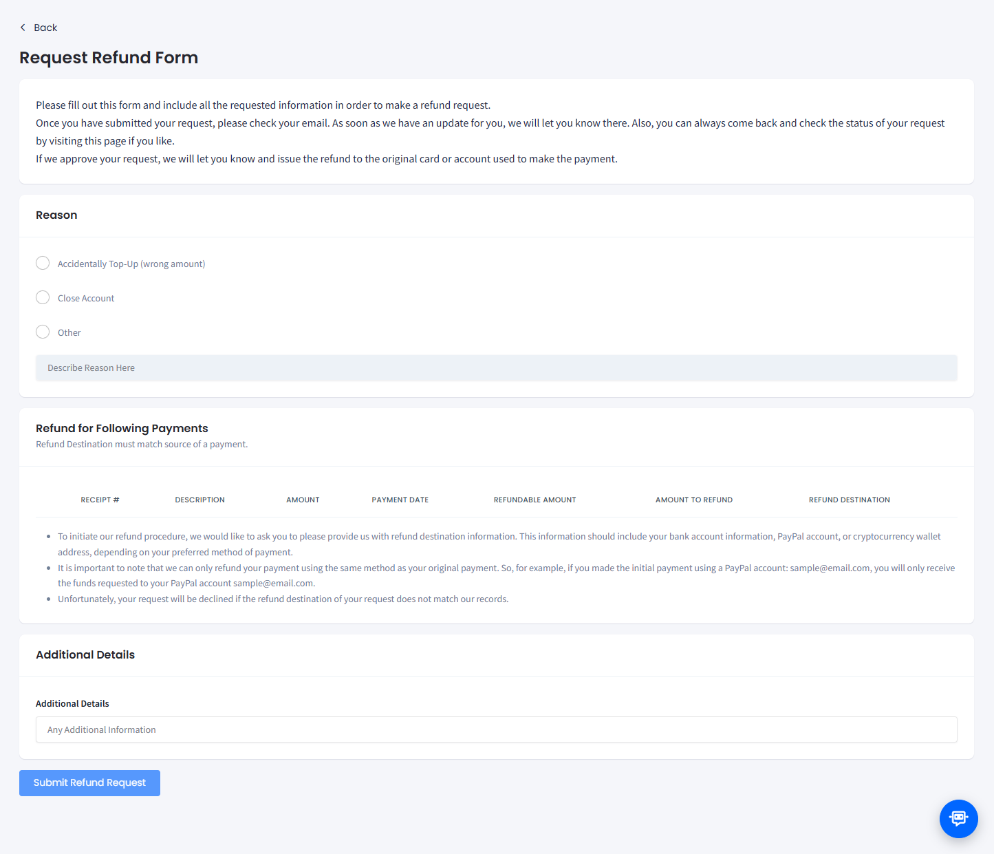 Screenshot of the Request Refund form
