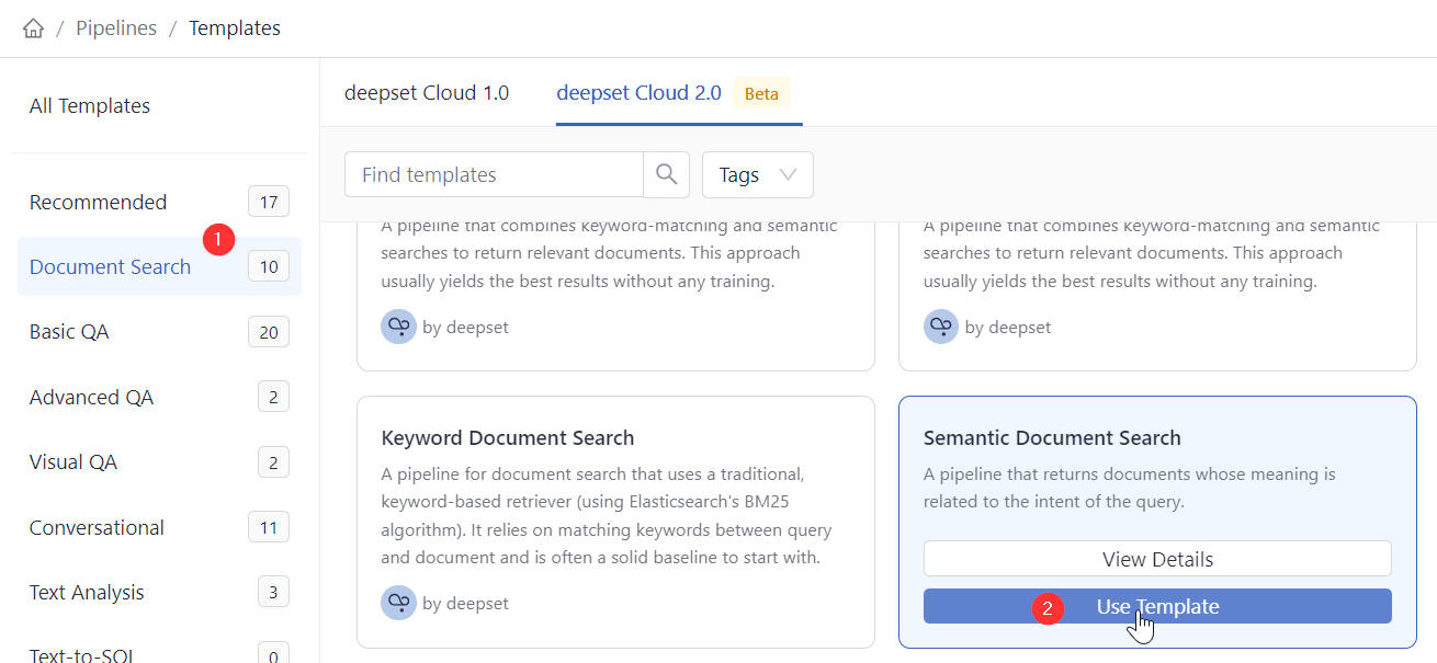 The templates page with deepset Cloud v2.0 open and the Keyword Document Search pipeline highlighted