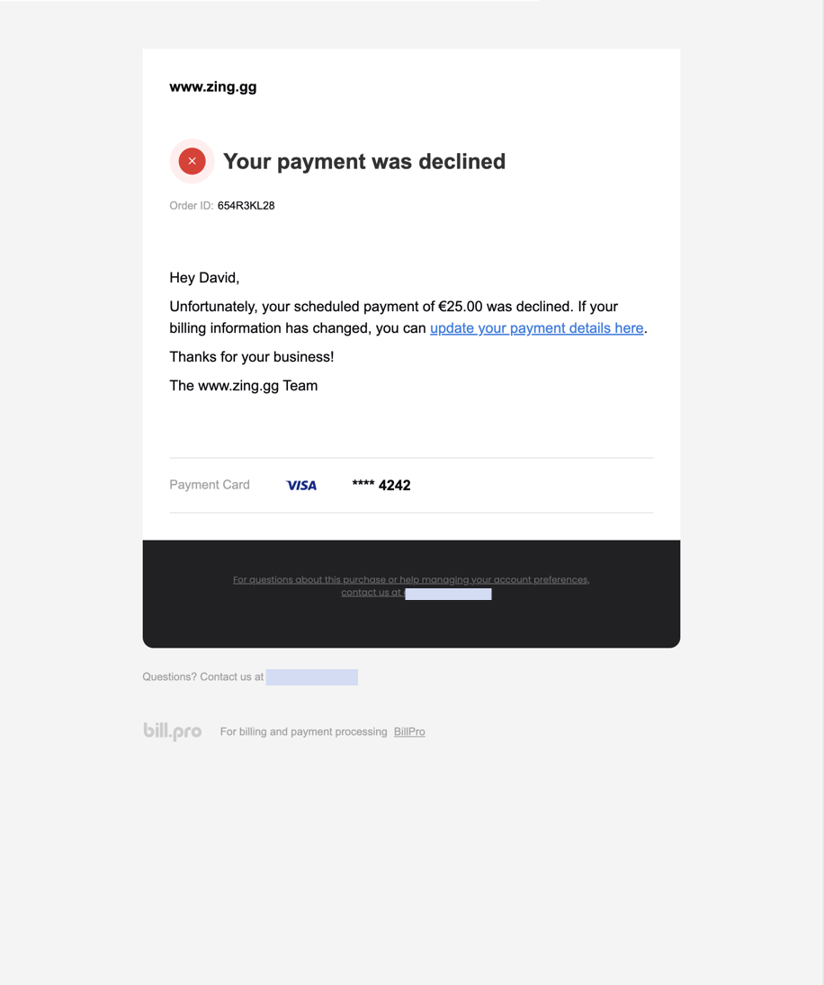 The email notifying that the scheduled payment was soft declined