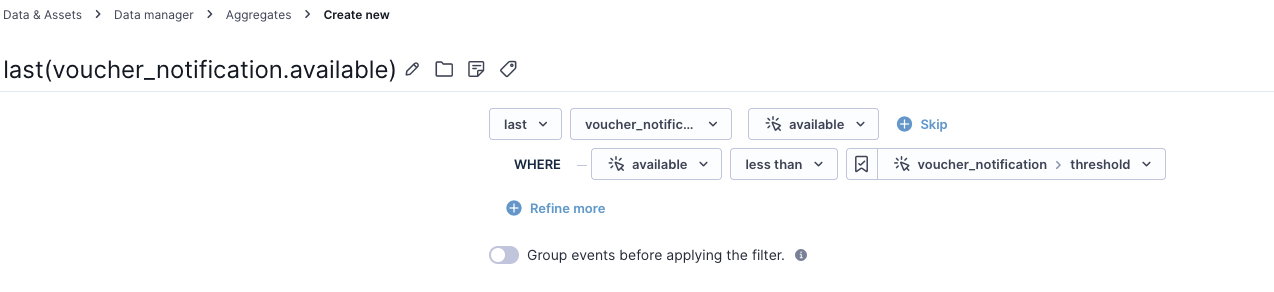 Aggregate definition returning the last value of available_codes from the voucher notification event.