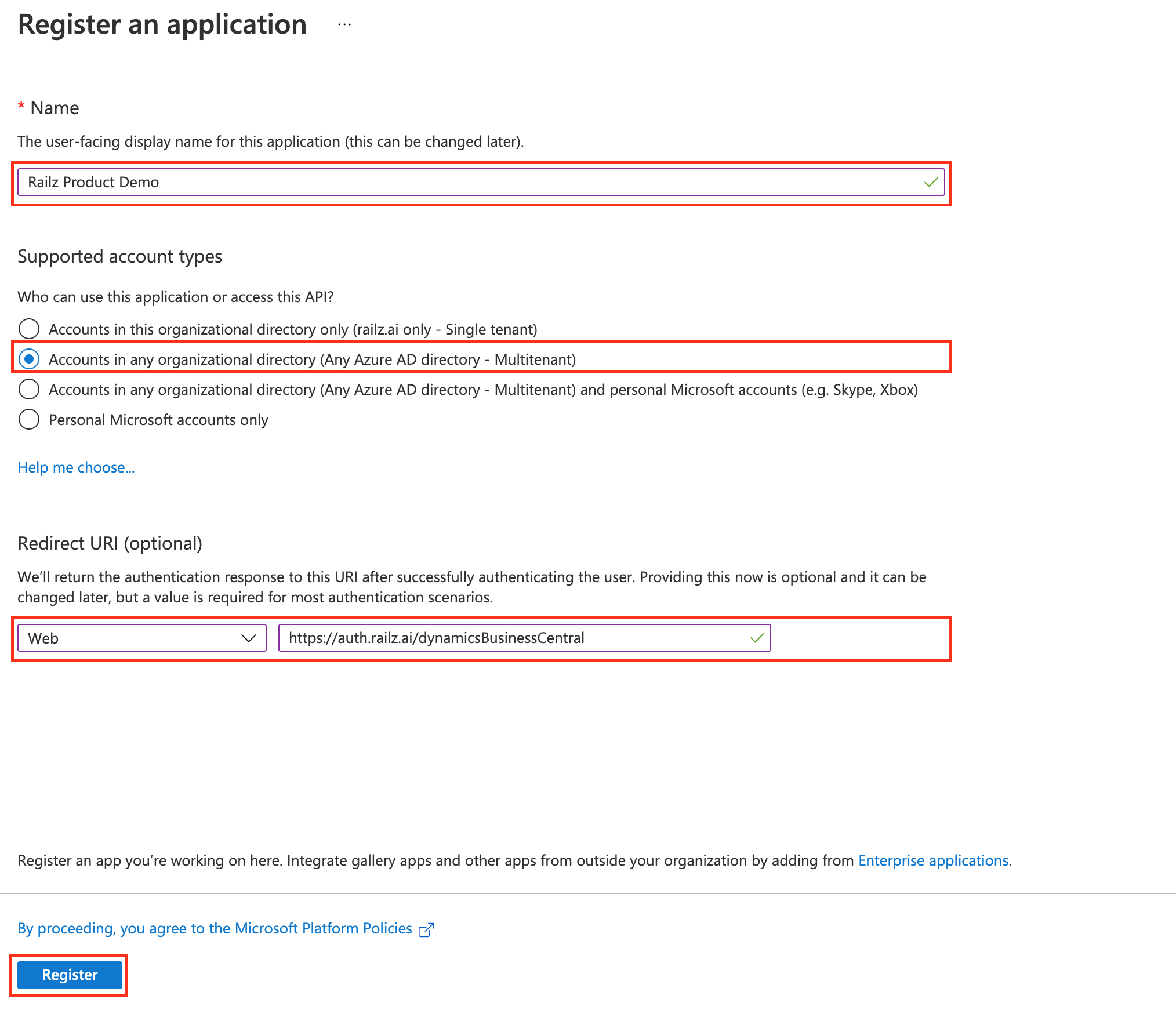 Azure Active Directory - New App Registration. Click to Expand.