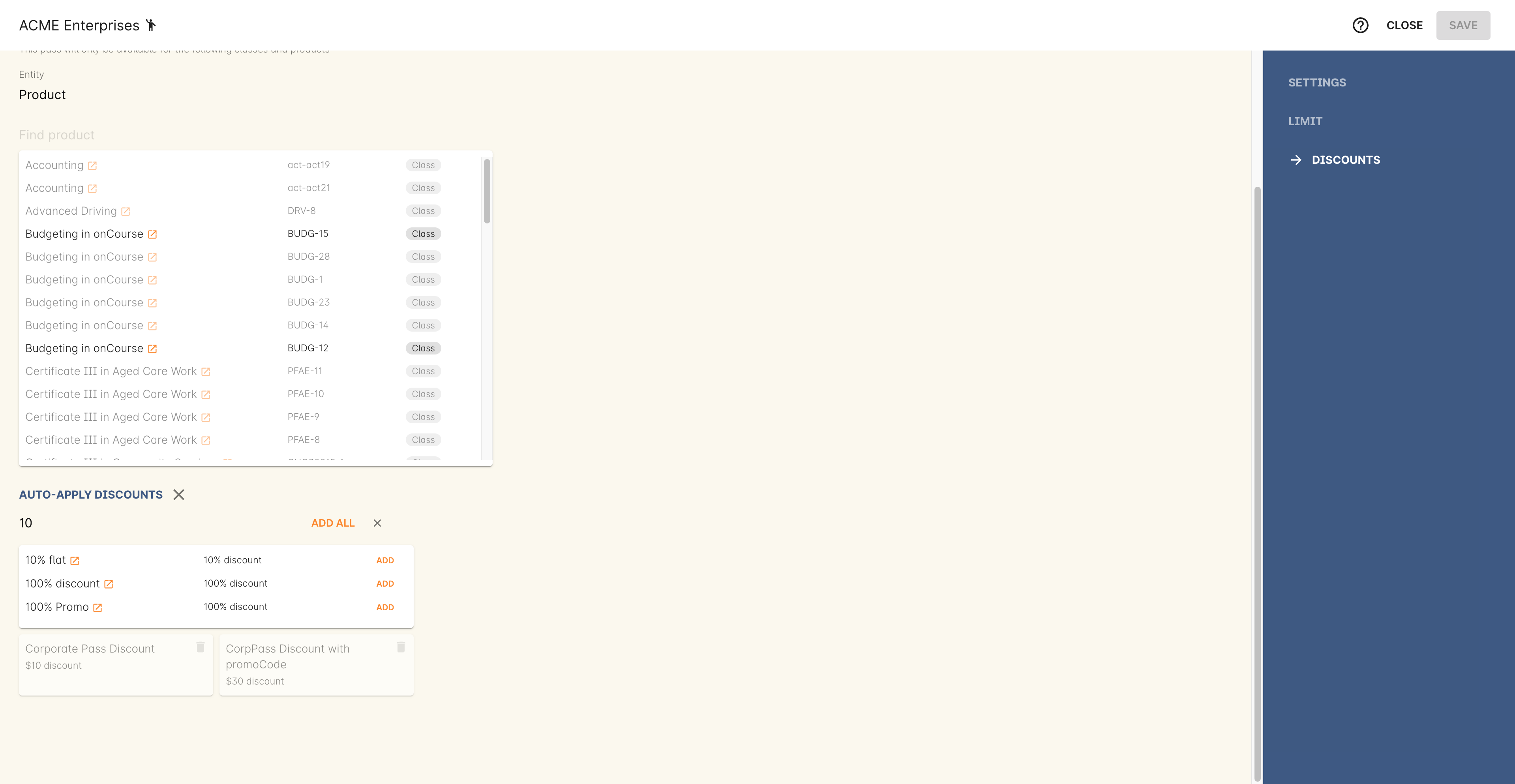 Figure 168. Choosing the discount you want to link to the Corporate Pass