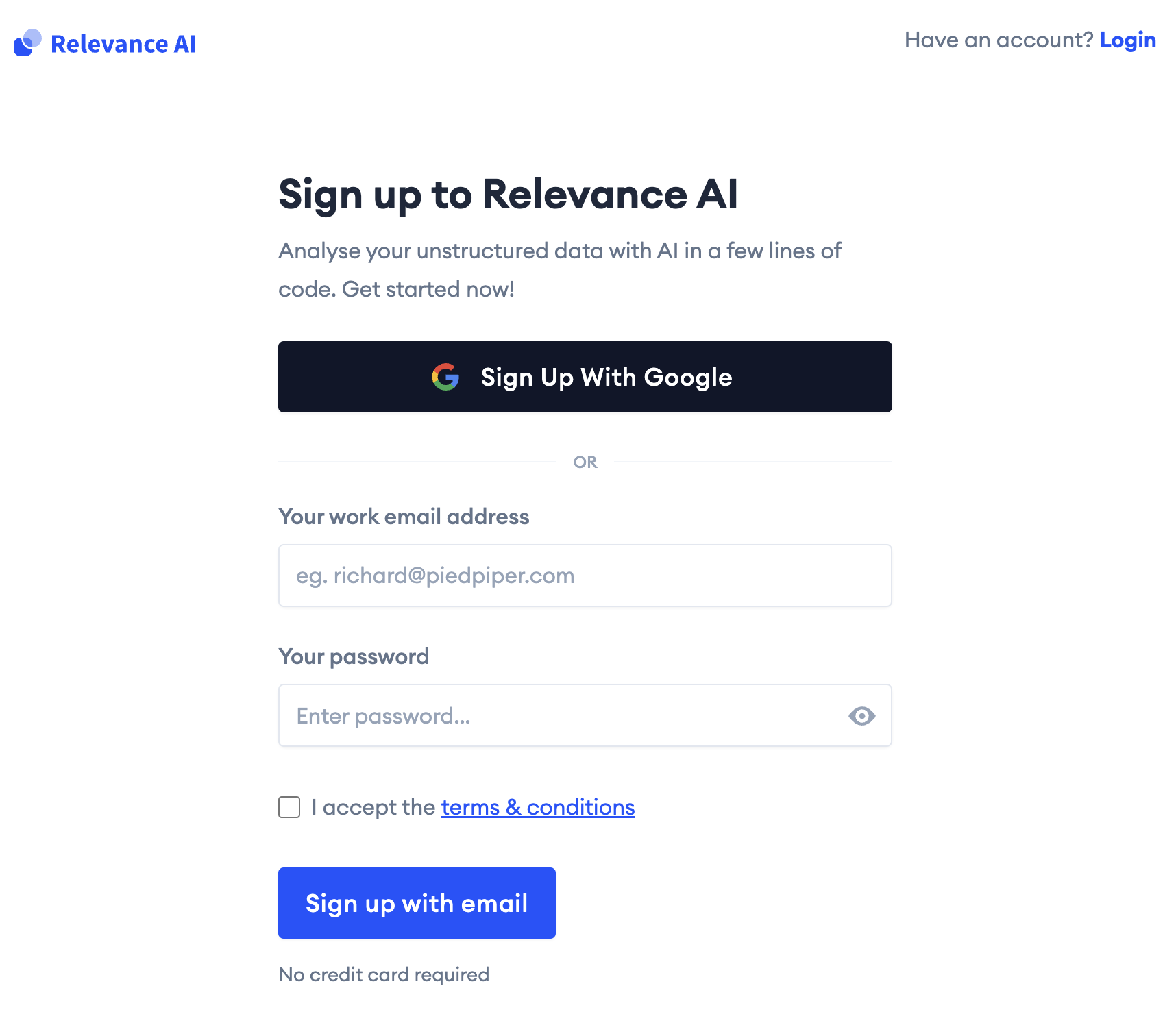 Relevance AI's sign-up page.