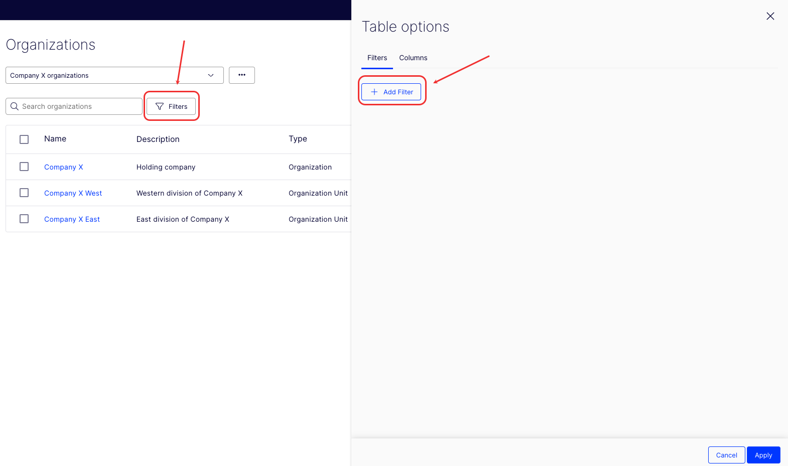 Screenshot of the Filters menu with the Add Filter option