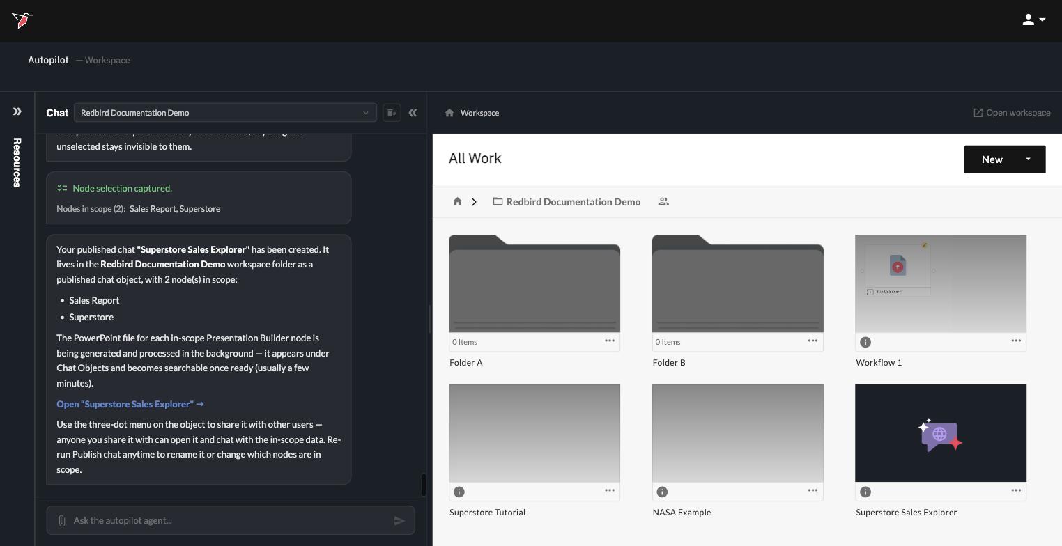 The published chat object in the workspace, next to the workflows it was built from