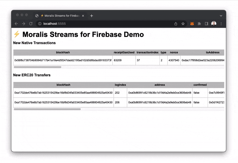 Moralis Streams for Firebase Demo