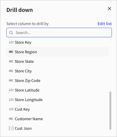 Drill down modal showing a list of available columns, such as store region and product type.