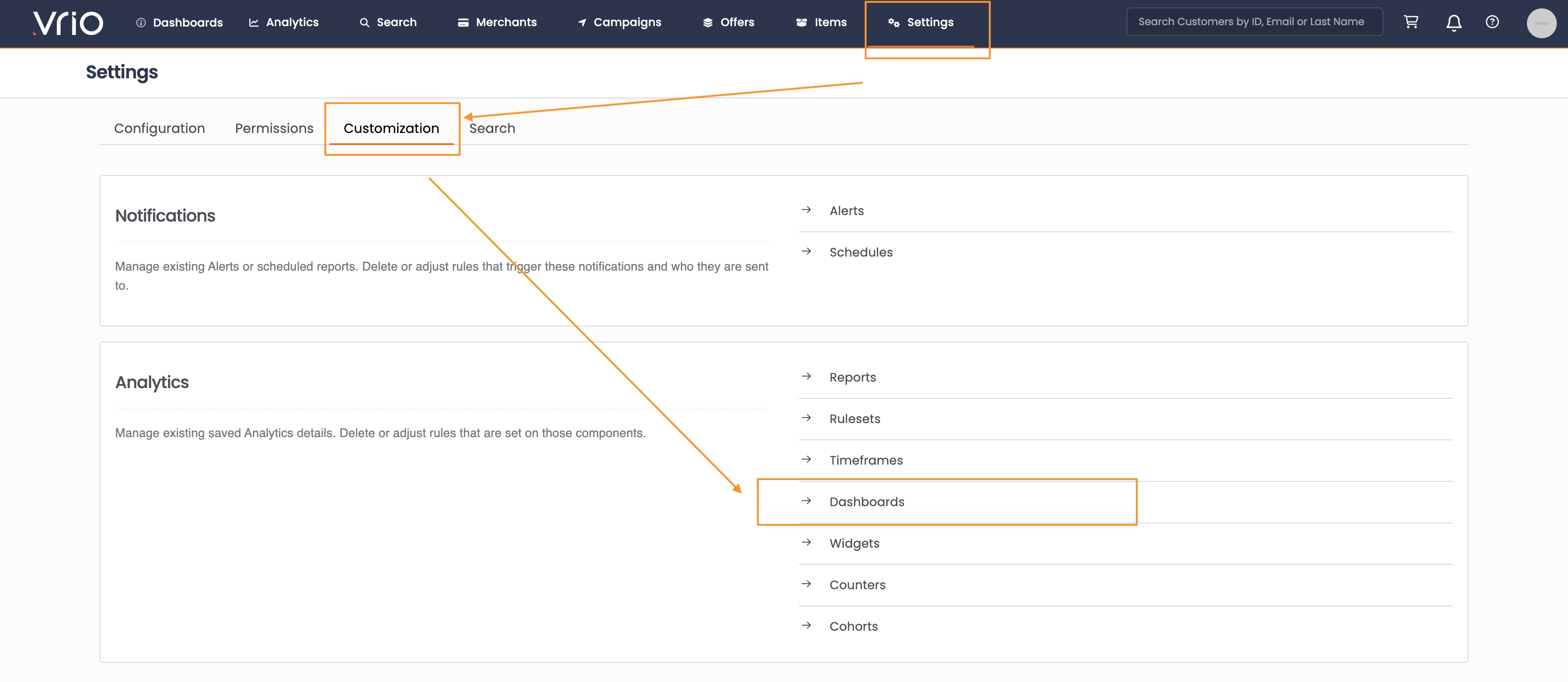 Navigate to Dashboards setting