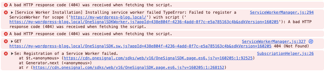 Example error message in the developer console of your WordPress website.