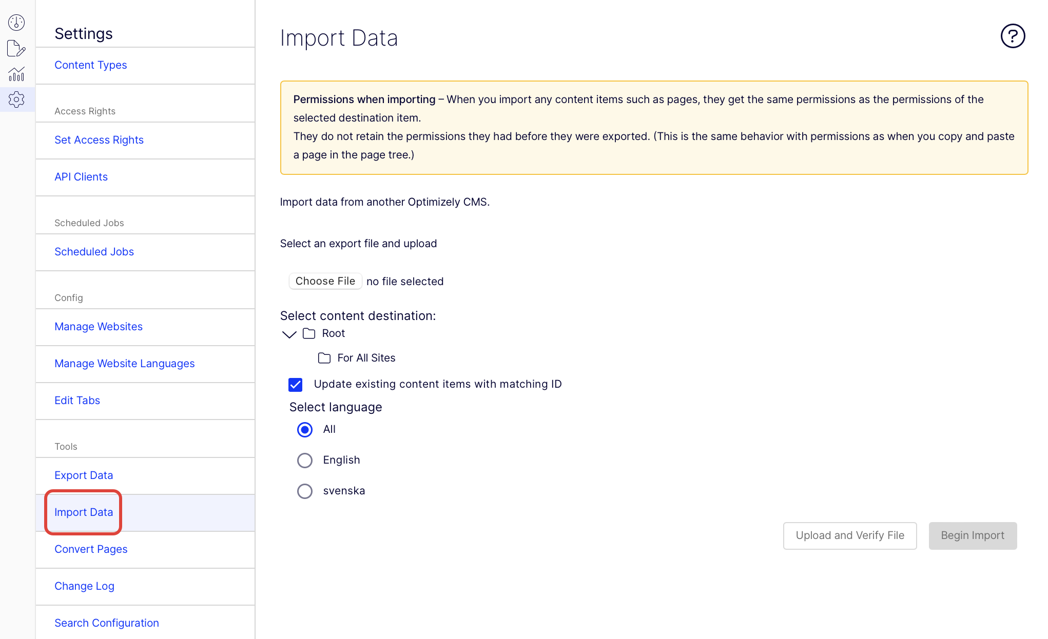 Import data page
