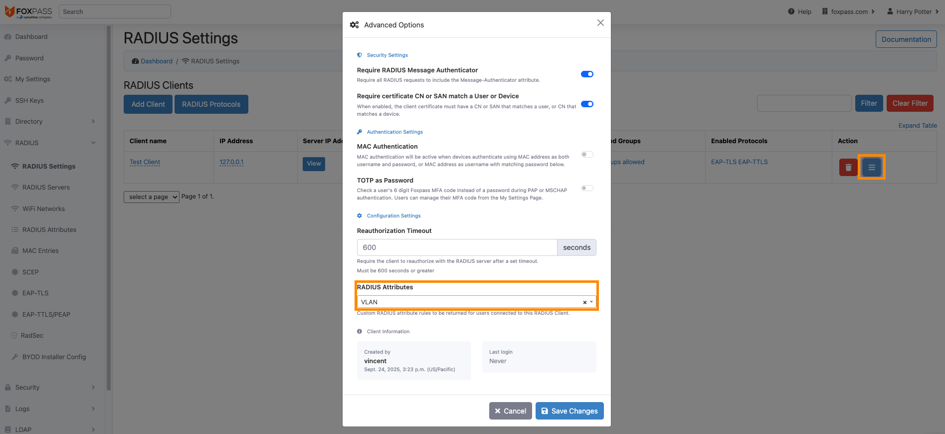 RADIUS Settings page