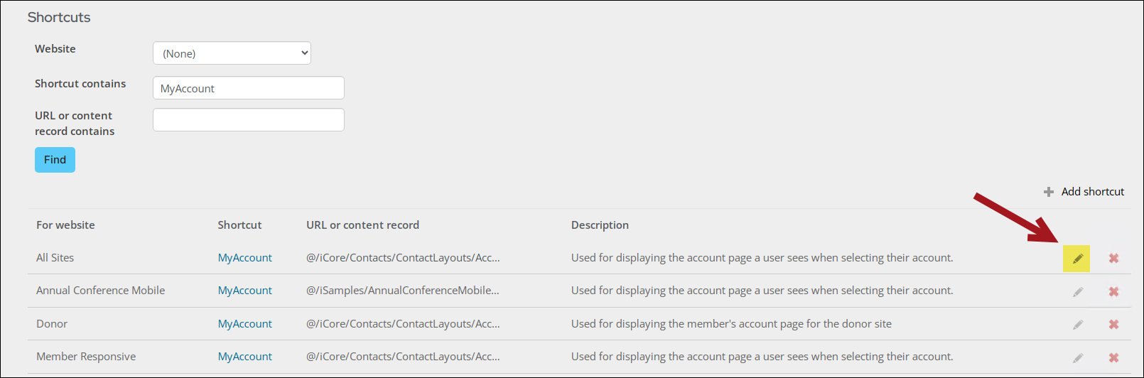 Screenshot of the Manage Shortcuts dialog, which shows the highlighted Edit icon.