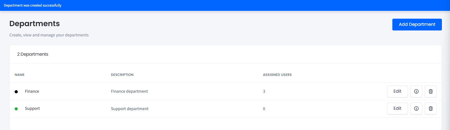 Screenshot of the new department added to the account