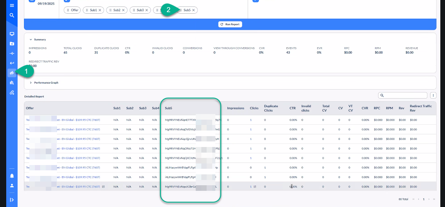 the subid reports in EverFlow show the click ids
