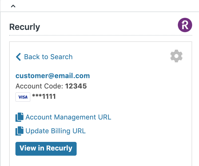 Important account and billing information with a link to the customers account in the Recurly Application