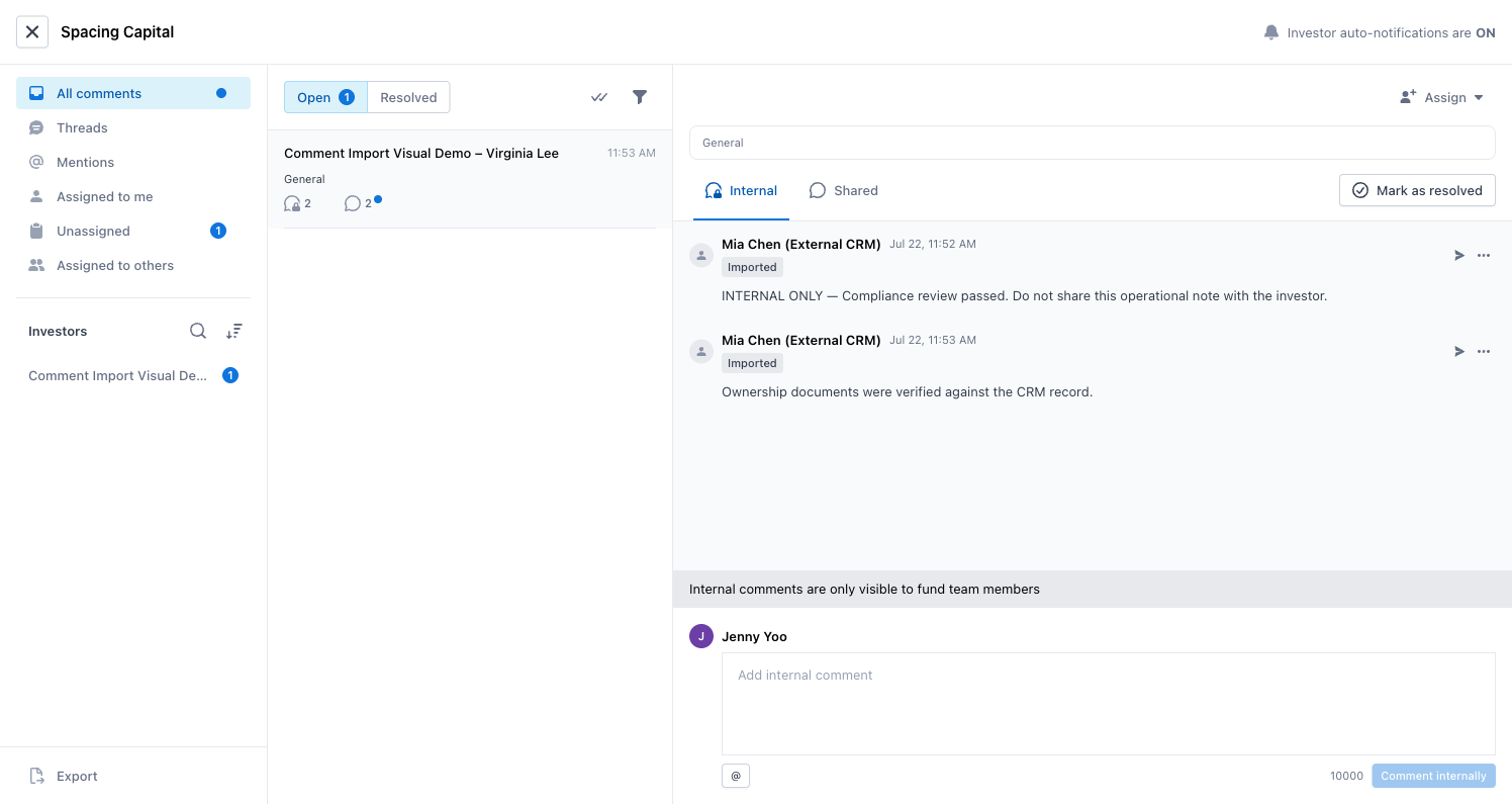 Fund-team comment inbox showing the Internal tab of the same general thread with two imported comments from Mia Chen (External CRM), an Assign menu, a Mark as resolved button, and the notice that internal comments are only visible to fund team members
