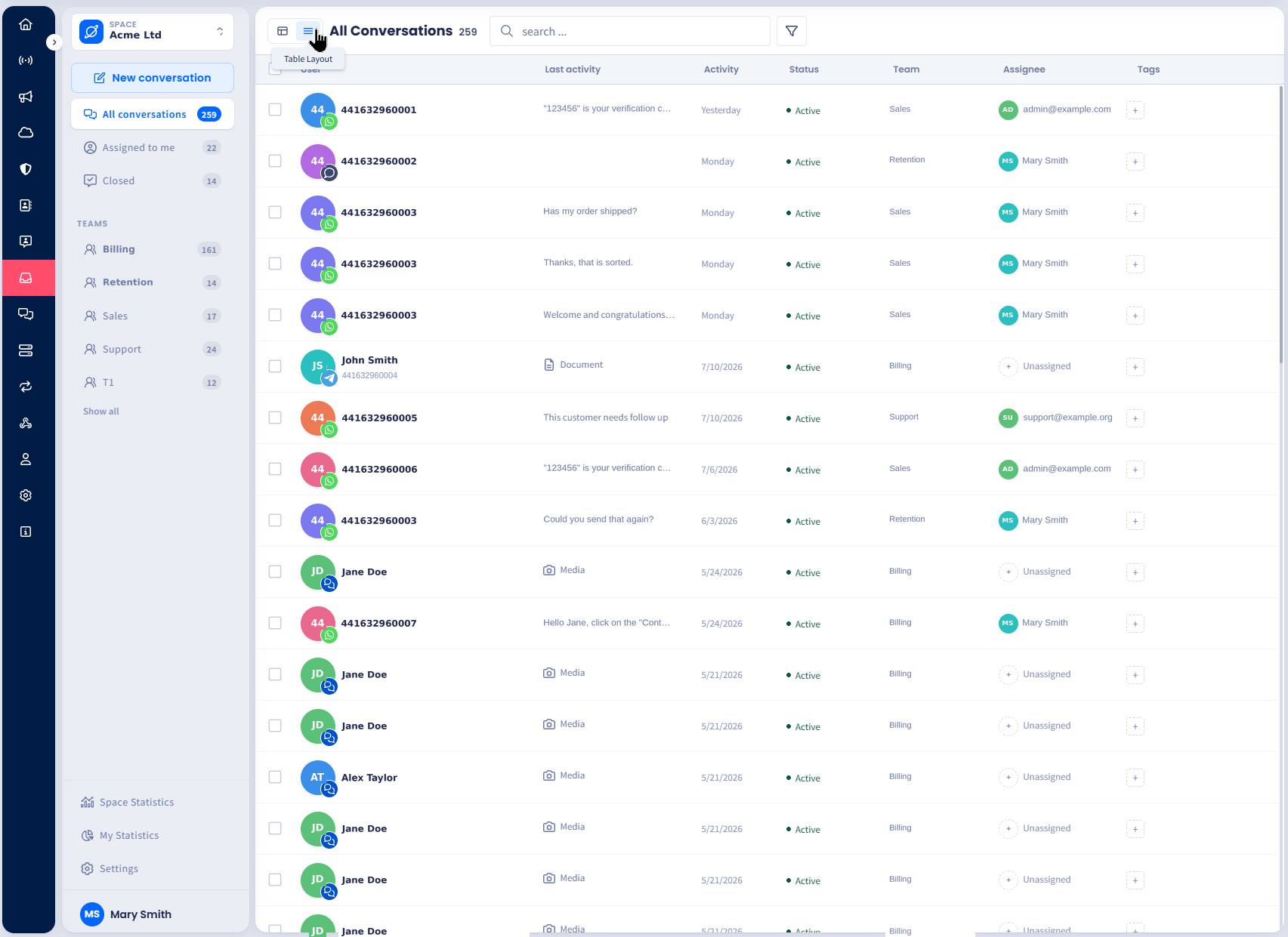 Screenshot of the Inbox in table layout showing conversation rows with the User, Last activity, Activity, Status, Team, Assignee, and Tags columns
