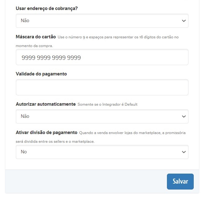 Tela de configuração para pagamento customizado. Ex: Ticket