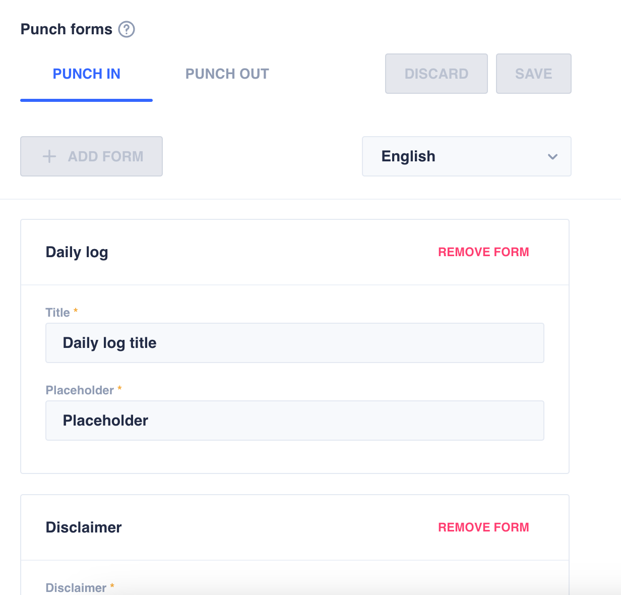 Punch forms settings