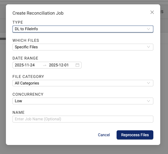 Create Reconciliation Job dialog