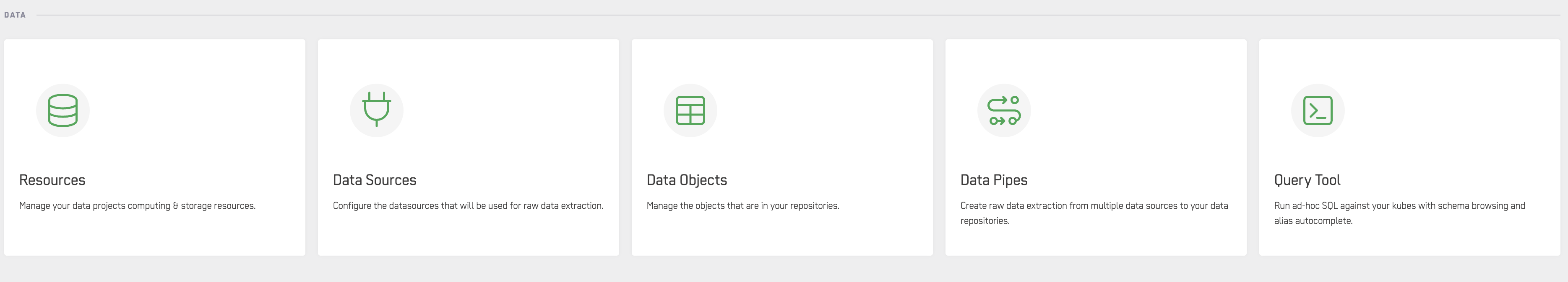 Data section of the home dashboard showing Resources, Data Sources, Data Objects, Data Pipes, and Query Tool
