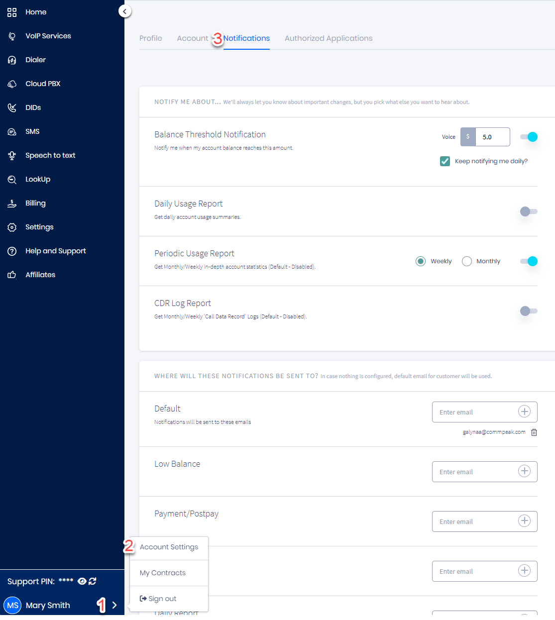 Screenshot of the account notification settings