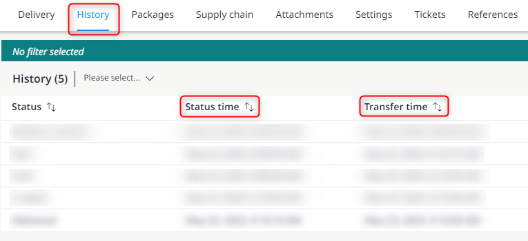 Display of the status time and transfer time within a delivery