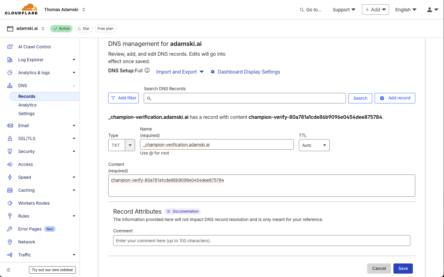 Cloudflare Add Record dialog with TXT record details