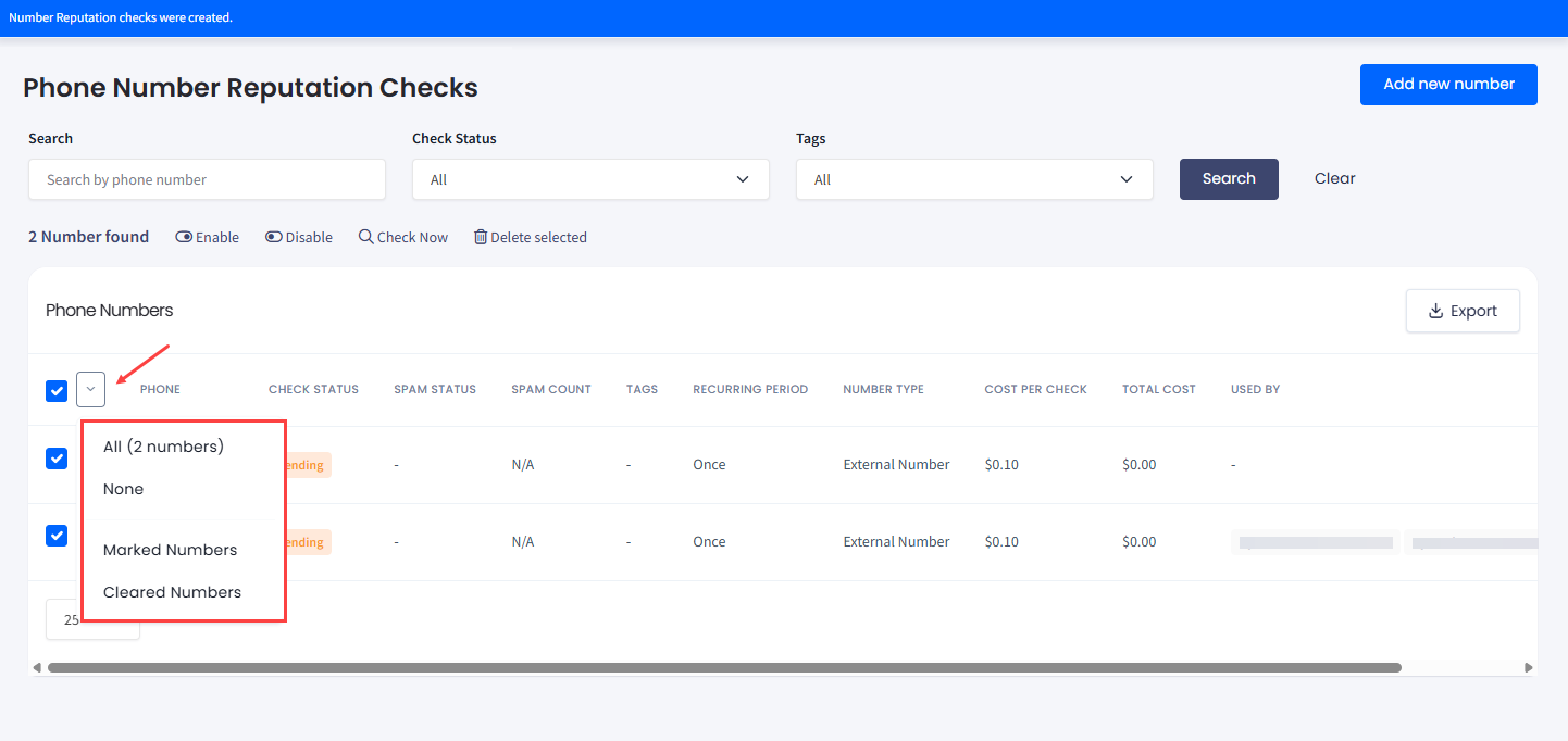 Screenshot of bulk phone numbers management