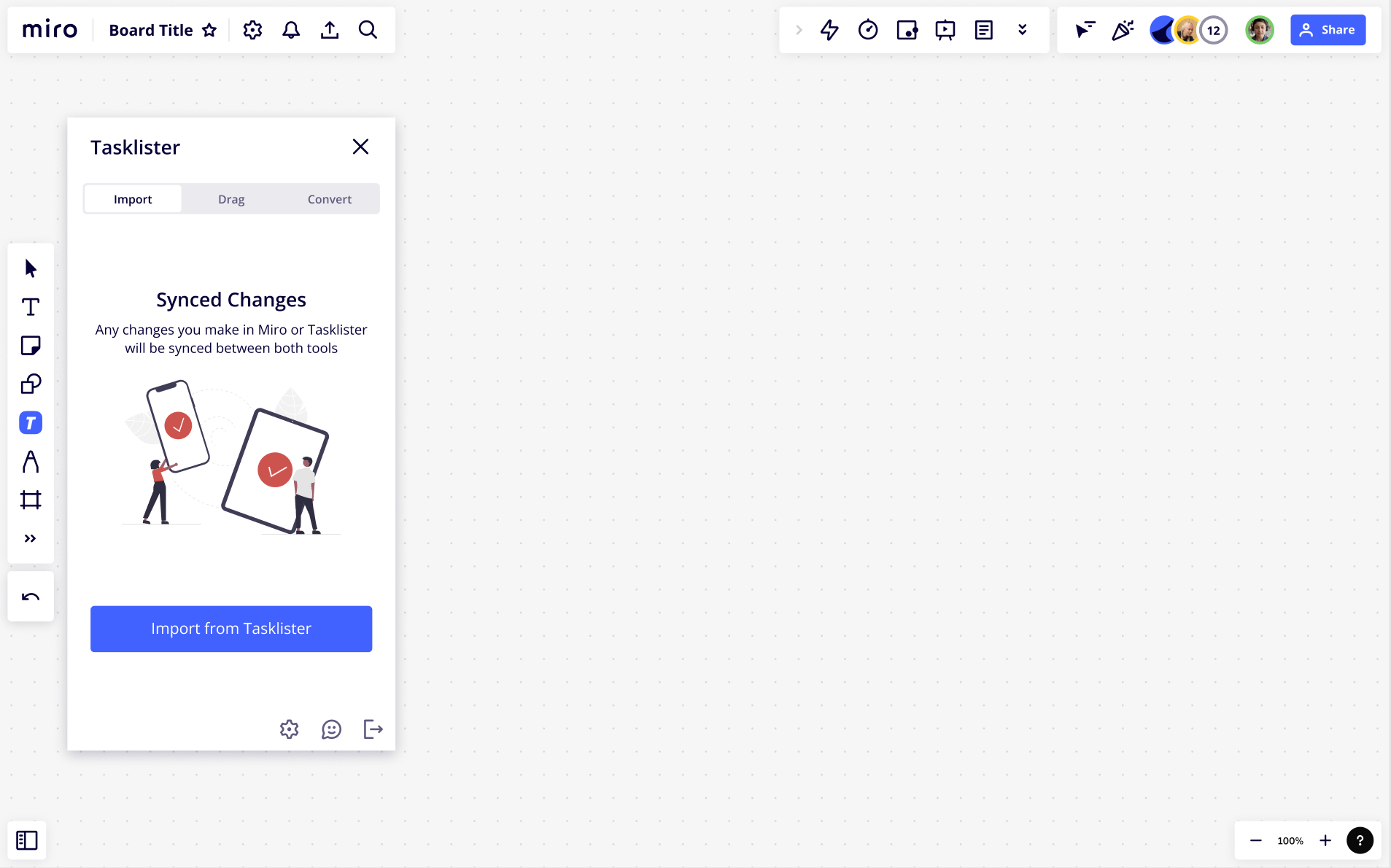 Figure 5. Sample app that allows users to import tasks from a third-party tool and create app cards for those tasks on a Miro board.